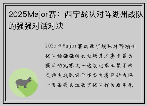 2025Major赛：西宁战队对阵湖州战队的强强对话对决